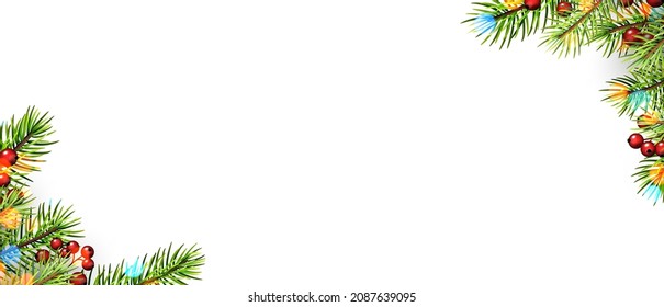 Spruce branches with red berries and bokeh lights. Space for text. Vector holiday illustration.