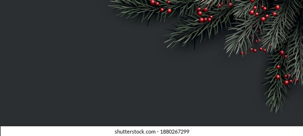 Ramas prudentes y bayas rojas sobre un fondo oscuro. Plantilla de Navidad para tarjetas, afiches, volantes, pancartas. Ilustración vectorial de vacaciones.