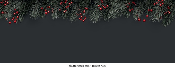 Spruce branches and red berries on dark background. Christmas template for cards, posters, banners. Vector holiday illustration.