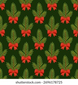 Spruce branches and red bows seamless pattern. Evergreen spruce, Christmas and New Year background. Trendy flat style holiday illustration For fabric, card, wrapping paper, textile Vector illustration