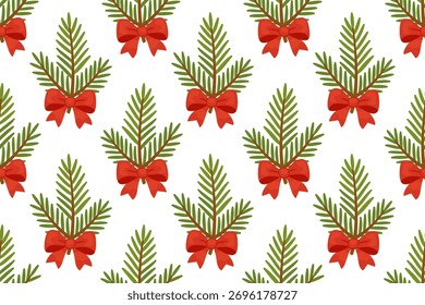 Ramas de abeto y arcos rojos sin patrón. Abeto perenne, Navidades y fondo de Año Nuevo. Ilustración de vacaciones de estilo plano de moda para tela, tarjeta, papel de embalaje, Ilustración vectorial textil