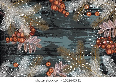 Spruce branches and Rowan berries on a winter background. Decorative greeting card happy new year 2020 and merry Christmas. Advertising banner for trade and sale
