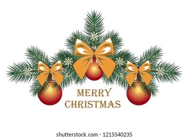 Spruce branches with snowflakes, balls and greetings with Christmas.