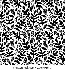 Spruce branches vector seamless pattern. Hand drawn brush painted fir tree branches. Various silhouette leaves and stems with small berries. Ink plant drawings. Botanical seamless background 