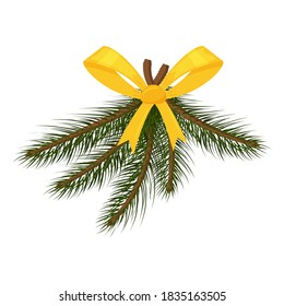 Spruce branches with a yellow bow. Elements of Christmas decor in a flat style, isolated on a white background. Vector illustration for New year and Christmas design