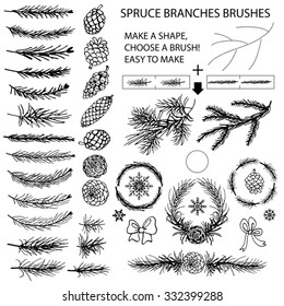 Spruce branches,pine,cones black silhouette set.Brushes,wreath,line borders.Christmas tree decor elements for invitations,card,banner.New year holiday vector,nature Winter template