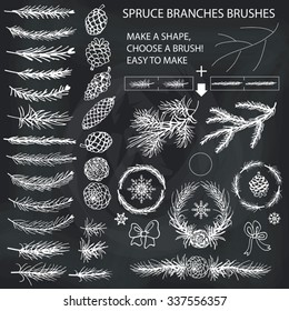 Spruce branches,pine,cones white silhouette set.Brushes,wreath,line borders.Christmas tree decor elements for invitations,card,banner.New year holiday vector,nature Winter template