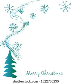 Spruce. Christmas tree green blue snowflakes and calligraphic inscription on white background.