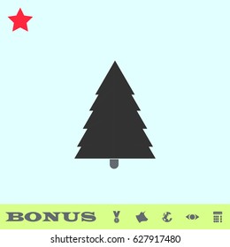 Spruce christmas tree icon flat. Grey pictogram on blue background. Vector illustration symbol and bonus buttons medal, cow, earth, eye, calculator