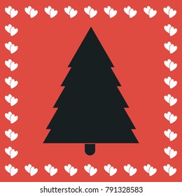Spruce christmas tree icon flat. Simple black pictogram on red background with white hearts for valentines day. Vector illustration symbol