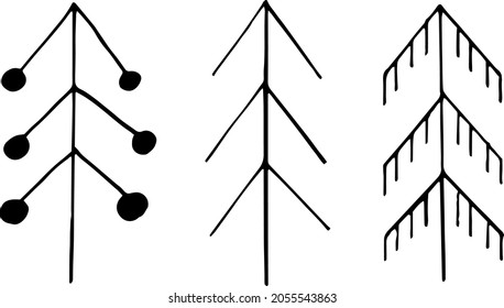 spruce, christmas tree set hand drawn doodle. vector, scandinavian, nordic, minimalism monochrome icon sticker