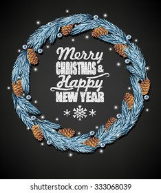 Spruce christmas wreath and chalk letters on black background