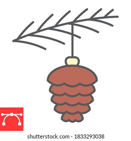 Spruce cone toy with branch color line icon, merry christmas and pine branch, christmas bauble sign vector graphics, editable stroke filled outline icon, eps 10
