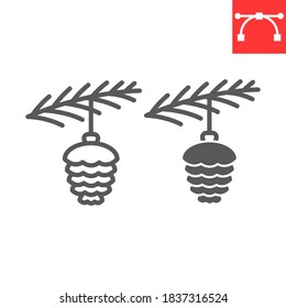 Spruce cone toy with branch line and glyph icon, merry christmas and pine branch, christmas bauble sign vector graphics, editable stroke linear icon, eps 10