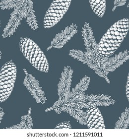 Spruce cones and spruce branches seamless pattern. Christmas hand drawn background.