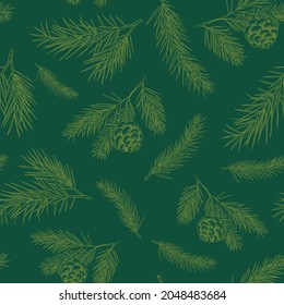 Spruce cones. Seamless pattern design. Vector sketch illustrations. 
