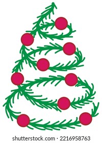 Spruce created with a spiral green branch with red balls. Creative cartoon vector clipart of the christmas tree isolated on transparent background