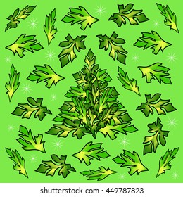 Spruce. Cute cartoon green fir with white snowflakes