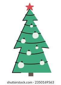 Spruce decorated with balls. Christmas tree in doodle style.