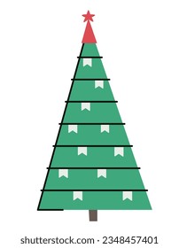 Spruce decorated with flags. Christmas tree in doodle style.