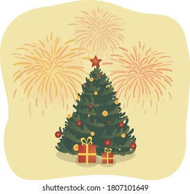 Spruce with decorations and fireworks and gifts vector flat illustration. Christmas tree with balls, star and holiday boxes. New year style, holidays vibes, Christmas mood.