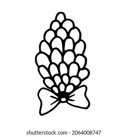 Spruce doodle cone with a bow. Hand drawn illustration with black liner in line art style. Creation of design for New Year, winter, Christmas