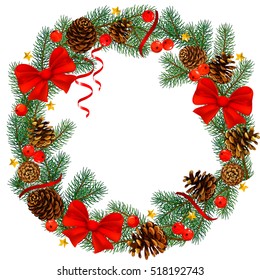 Spruce. Fir. Fir Cone. New Year decoration. Rowan Berries. Decorated wreath of pine branches. Hand drawn. vector illustration. Design element for winter.  winter holiday. red bow and ribbon. 