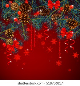 Spruce. Fir. Fir Cone. New Year decoration. Rowan Berries. Decorated pine branches. Hand drawn. vector illustration. Design element for winter. winter holiday. red bow and ribbon. snowflake.