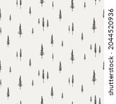 Spruce, fir trees silhouettes, minimal winter seamless pattern, black on gray background. Hand drawn vector illustration. Design concept for kids textile, fashion print, wallpaper, packaging.