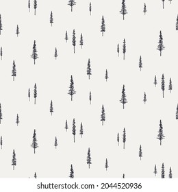 Spruce, fir trees silhouettes, minimal winter seamless pattern, black on gray background. Hand drawn vector illustration. Design concept for kids textile, fashion print, wallpaper, packaging.