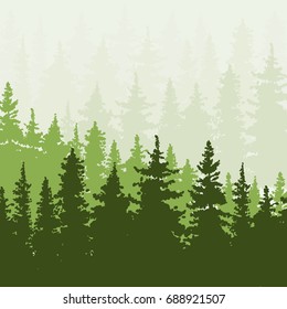 Spruce forest in the hills. Green and beige colors. Vector illustration.