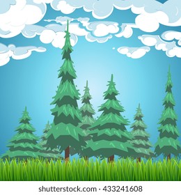 Spruce forest landscape. Nature view with fir trees, grass and clouds vector illustration