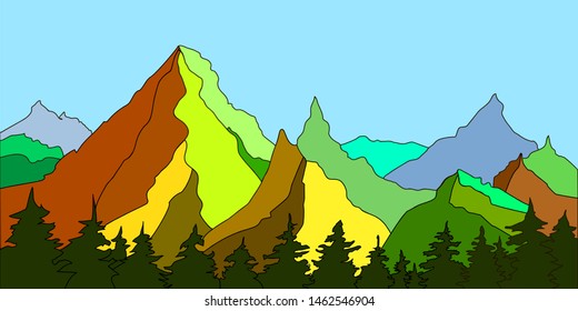 Spruce forest and mountains. Black outline and color fill. Vector illustration. For a site about mountains, tourism, travel, adventures.