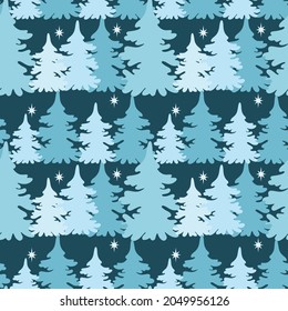 Spruce forest at night seamless pattern. Background with blue silhouettes of trees. Continuously winter pines. Template for Christmas festive packaging, fabric or wallpaper, vector illustration.