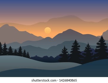 Spruce forest on the background of mountains. Vector illustration on white background.