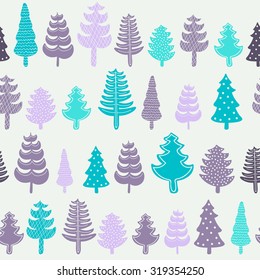 Spruce forest seamless pattern. Hand drawn winter trees with ornament. Vector. Green, pink and violet trees on black background.