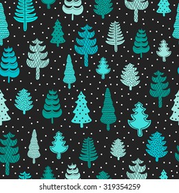 Spruce forest seamless pattern. Hand drawn winter trees with ornament. Vector. Green colors on black background.