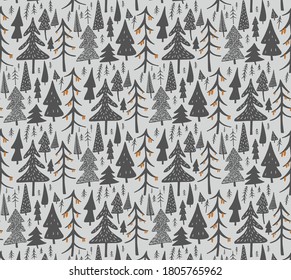 Spruce forest seamless pattern in Scandinavian style. Woodland background. Hand Drawn Doodle vector illustration