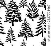 Spruce forest silhouette background monochrome. Winter snowy forest. hand drawing. Not AI Vector illustration.