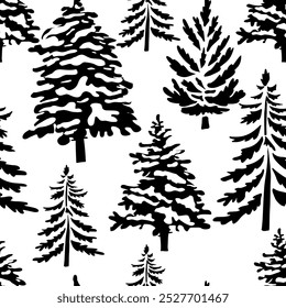 Spruce forest silhouette background monochrome. Winter snowy forest. hand drawing. Not AI Vector illustration.