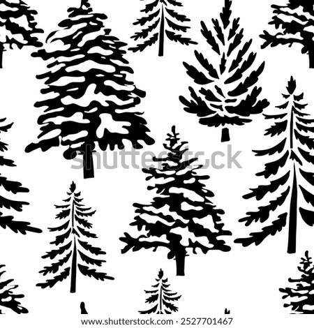 Spruce forest silhouette background monochrome. Winter snowy forest. hand drawing. Not AI Vector illustration.