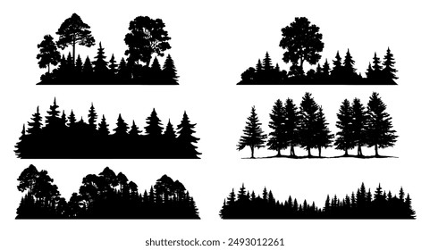 Spruce forest silhouette collection isolated on white background. Pine forest silhouette collection on white background