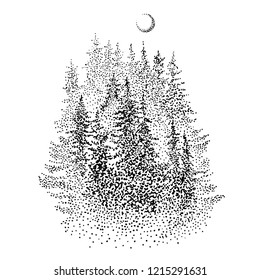 Spruce forest and waxing crescent moon. Hand drawn stippling or dotwork style sketchy graphic ink pen illustration. Wanderlust, wildlife symbol, greeting card, logo design.