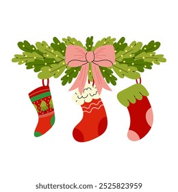 Spruce garland with bow and lights. Set of Christmas Socks. Decorative Christmas socks for gifts from Santa Claus. Flat illustration on white background.