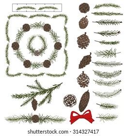 Spruce green branches,pine,cones brushes,Christmas tree.Green wreath,line borders decor elements for invitations,print,feb,card,banner.New year holiday vector,nature illustration,Winter template