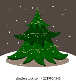 The spruce is green on a brown background, it's snowing. Flat style. New Year. Christmas.