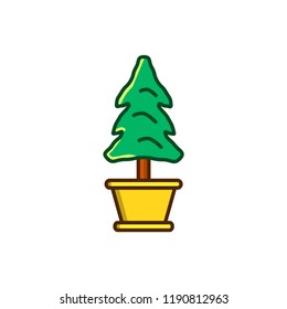 Spruce green and pot in flat style isolated on white background.