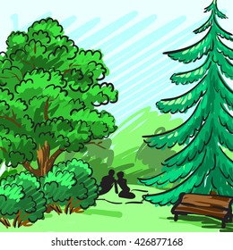 Spruce and green tree in the background. Park, an empty bench, a couple on a picnic. Corporate identity is drawn by hand. Vector illustration