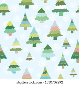 Spruce Green Trees With Snowlakes In Vector Winter Seamless Surface Pattern. Great For Christmas And Winter Design.