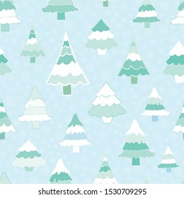 Spruce Green Trees With Snowlakes In Vector Winter Seamless Surface Pattern. Great For Christmas And Winter Design.